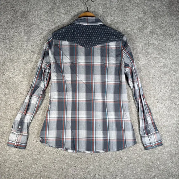 Roper Women's M Plaid Pearl Snap Western Rodeo Shirt Gray - Picture 8 of 10